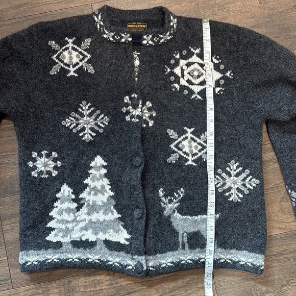 Woolrich Wool Cardigan Winter Snowflakes Deer Charcoal Gray White Large - Picture 14 of 15